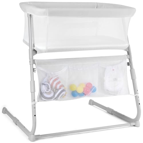 Cowiewie Bassinet Bedside Sleeper,Baby Bassinet Slides Over Bed,5-Position Height Adjustment & Breathable All-Mesh Wall Bedside Bassinet for Baby,Space-Saving Bedside Crib, Height(37.4-41.3'), White
