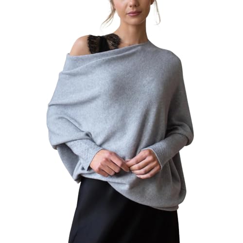 Image of Women Off The Shoulder Asymmetric Draped Jumper Long Batwing Sleeve Loose Slouchy Knit Pullover Grey