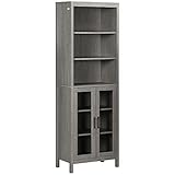 kleankin Tall Bathroom Storage Cabinet with 3 Tier Shelf, Glass Door Cabinet, Freestanding Linen Tower with Adjustable Shelves, Grey Wood Grain