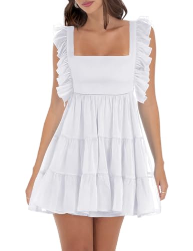 Image of Women's Summer Square Neck Tie Back Ruffle Sleeve Tiered Casual A-Line Short Mini Dress