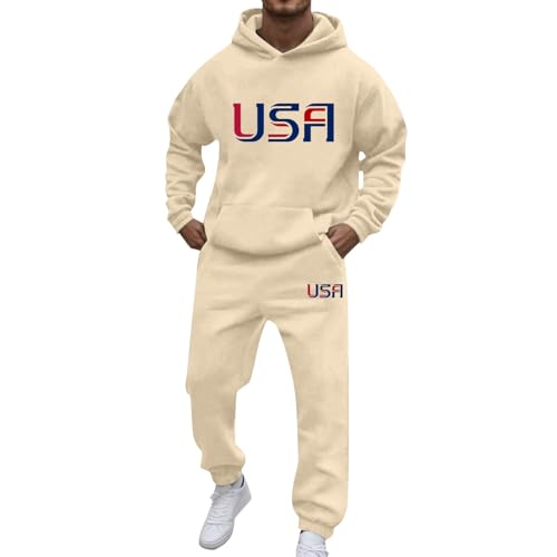 Mens All Cotton Track Suits 2 Piece Set, 3-Beige,Size Large, Mens Tracksuit 2 Piece Hoodie and Joggers Set Athletic Workout Sweatsuit Casual Gym Running Outfits 2025