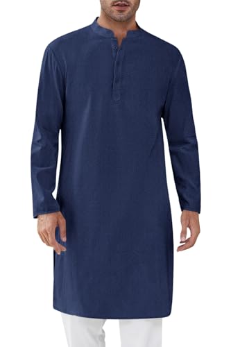 Runcati Mens Kaftan Thobe Textured Henley Shirt Long Sleeve Robe Casual Muslim Gown Shirt Navy