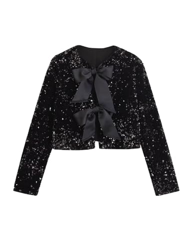 Perbai Womens Casual Sequin Jacket Bow Coat Sparkling Crop Top Party Night Y2K Concert