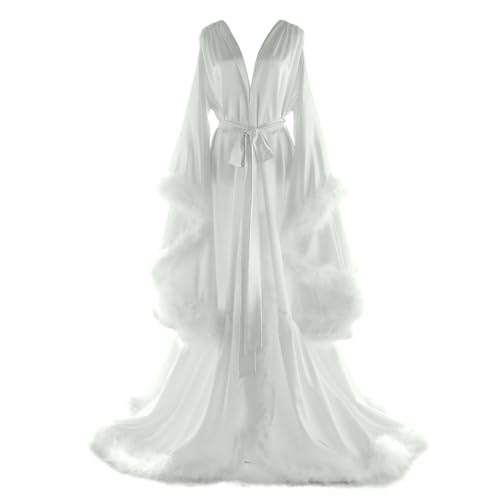 Daily Life Mall Feather Bridal Robes for Women Old Hollywood Maternity Photoshoot Nightgown Silk Bathrobe Long Lingerie Boudoir White Wedding Scarf