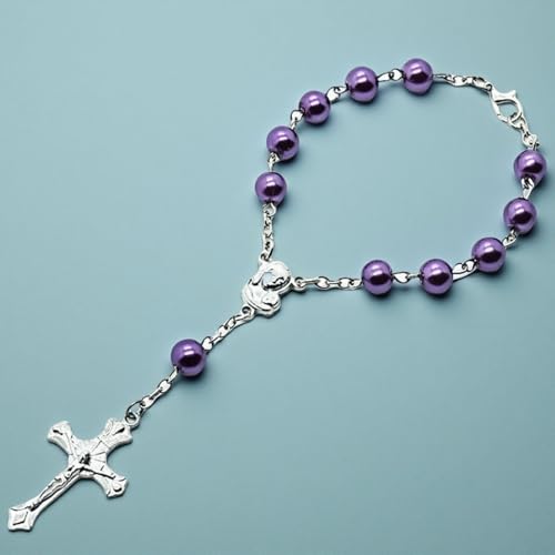 Catholic Purple Rosary Bead Bracelet Virgin Mary Cross Rosary Bead Bracelet for Car Hanging Baptism3