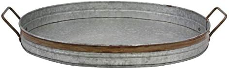 Stonebriar Oval Galvanized Serving Tray with Rust Trim and Metal Handles, Large, Gray