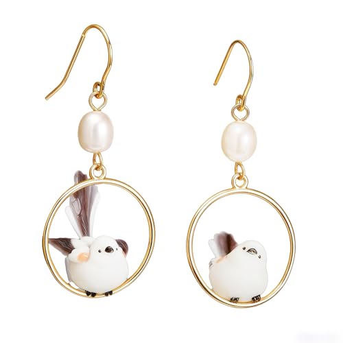 Handmade Bird Earrings for Women - 14K Gold Plated Freshwater Pearl Drop Earrings | Unique Northern...