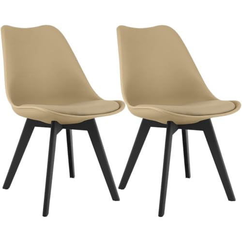 NMK HOME Lot de 2 chaises de Salle à Manger Beige foncé – Assises en Plastique avec Coussin en Similicuir et Pieds Noirs en polypropylène, Style Moderne...