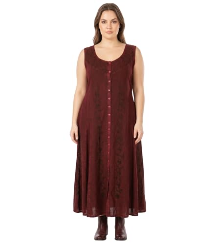 Image of Sakkas Maya Floral Embroidered Sleeveless Button Up Rayon Dress