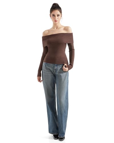 Image of SUUKSESS Women Off Shoulder Sweaters Long Sleeve Ribbed Knit Going Out Fall Tops Blouse