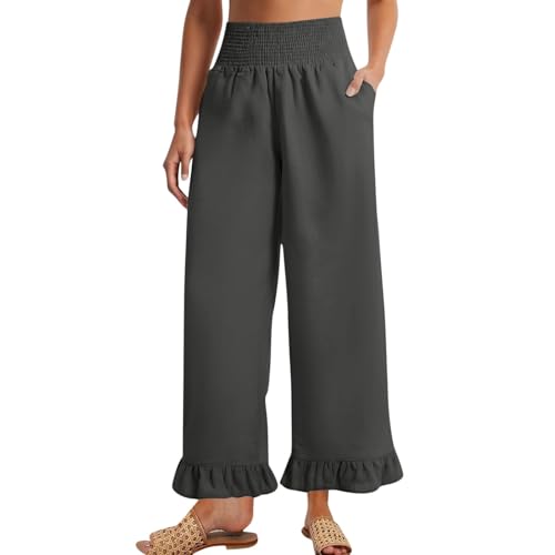 Image of Women Linen Pants Dressy Casual Summer Boho Ruffle Hem Wide Leg Cropped Pants Smocked High Waisted Palazzo Pant