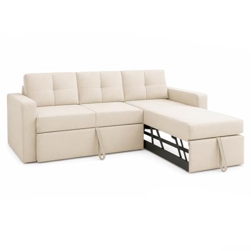 Image of FURNY Tira 4 Seater RHS Lounger Sofa Cum Bed (Cream) with Pull-Out Function | Luxury Velvet Suede Finish | Durable Comfort | Ideal for Living Room