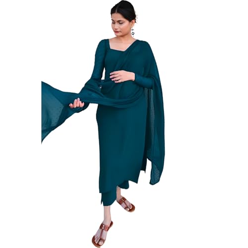 Image of Anveri Textiles Women's Cotton Blend Kurti with Square Neck Long Sleeves Solid Pattern A Line Style Ankle Length and Dupatta Set