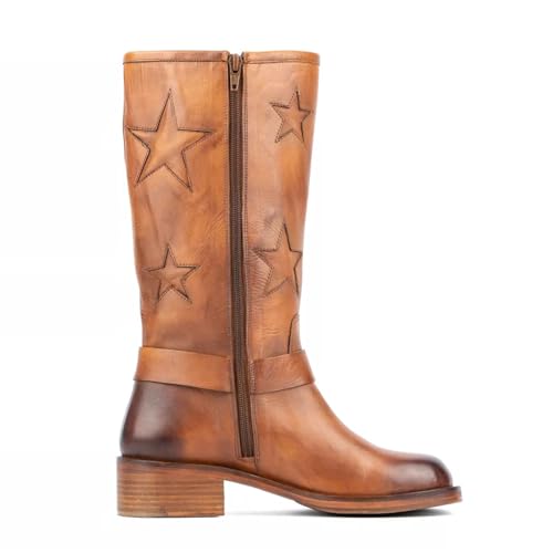Image of Goolita Women's Buckle Biker Knee High Boots Square Toe Chunky Heel Star Moto Mid Calf Boots Slip On Motorcycle Riding Boot