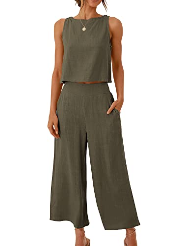 Image of ANRABESS Women's Summer 2 Piece Outfits Sleeveless Tank Crop Button Back Top Cropped Wide Leg Pants Set Pockets