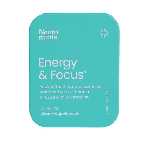 Neuro Energy & Focus Mints – Sugar Free Breath Mints with 40mg Natural Caffeine, B Vitamins & L-Theanine – Vegan Brain Supplement for Exercise, Study & Daily Focus – Peppermint, 12 ct