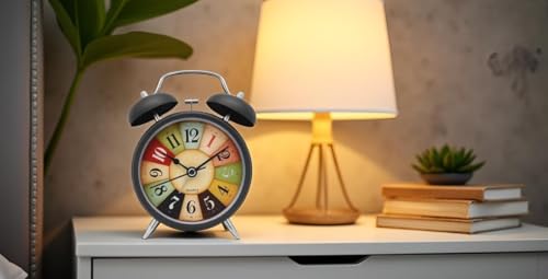 Image of Vintage Twin Bell Alarm Clock, Classic Retro Metal Table Clock, Roman Numeral Analog, Battery Operated, Antique Style, for Bedroom, Bedside, Office, Two Colour Bronze & Copper (Black)