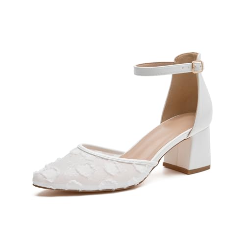 Closed Toe Heels Comfortable Mesh Pump Shoes Women Ankle Strap Block Chunky Low Heels Dress Shoes for Dressy Casual Wedding Eveing Work Office Party, Sunflower White Size 7