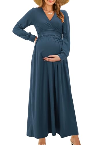 OUGES Damen Stillkleid Maxi Umstandskleid Festlich Lange Ärmel Wrap V Neck Schwangerschaftskleid für Fotoshooting -XXL