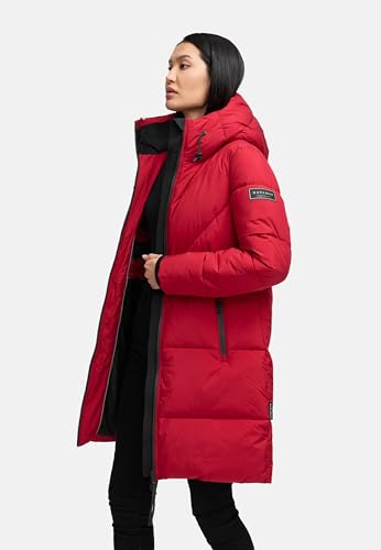 Navahoo Damen Langer Wintermantel warmer Steppmantel mit großer Kapuze und Fleece-gefütterten Kragen Kältekuschel XIV Dark Red Gr. S
