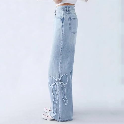 Womens Jeans Bowknot High Waisted Denim Pants Straight Leg Y2K Casual Baggy Trousers4