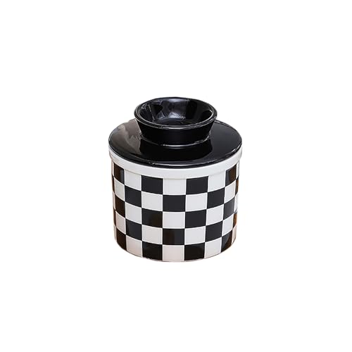 NOENELULOCI Butter Crock for Counter with Water Line for Fresh Spreadable Butter - French Butter Keeper with Lid?Black & White Gobang-Inspired Checkerboard Design