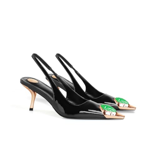THESHY Womens Slingback High Heels Metal Pointed Toe Stiletto Heels Gems Embellished Stretch Slingback Pumps Patent Leather Fashion Party Dress Shoes for Women Black