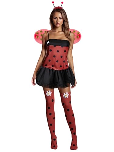Sunloudy Women Ladybug Costume Halloween Dress up Beetle Wings Bee Fairy Role Play Costume Outfit Dress Headband Leg Warmers