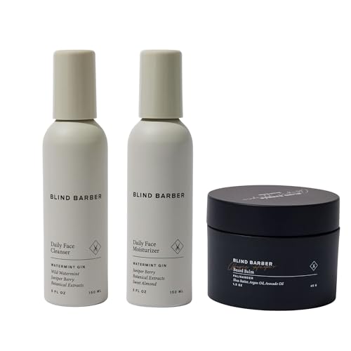 Blind Barber Face & Beard Care Kit - 3-Piece Set Includes Daily Face Cleanser, 2-in-1 Daily Moisturizer & Aftershave, and Beard Balm - Full-Size Skincare & Beard Styling Products for Guys