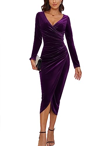 CYiNu Women's V Neck Wrap Velvet Long Sleeve Elegant Bodycon