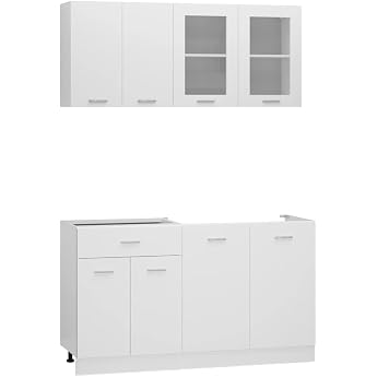 Willood 4-Piece Kitchen Unit Kitchen Cabinet Fitted Kitchen Unit Wall Cabinet Sink Base Cabinet Drawer Cabinet Hanging Glass Cabinet White Wood Material