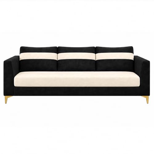 Image of FURNY Nova 5 Seater L Shape Sofa Set with 2 Movable Ottoman | Flexible Left or Right Layout | Plush Velvet Fabric (Black-Cream) | Perfect for Living Room, Guest Room & Office