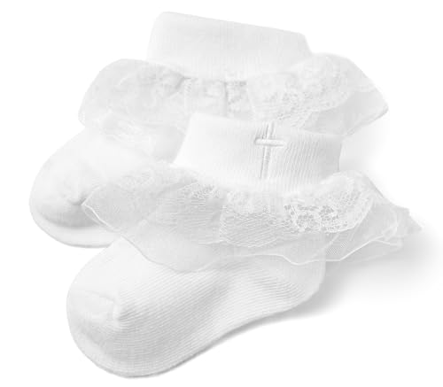 KESICI Baptism Socks for Baby Girls, White Newborn With Cross & Eyelet Frilly Lace, Turn Cuff Christening Socks, 0-6 Months Infant