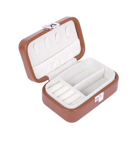Image of BucketList PU Leather Jewellery Organizer Box with Ring Slots & Necklace Hooks | Compact Jewelry Storage Case with Secure Lock (Travel Jewellery Box Rectangular (Caramel))