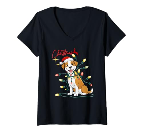 Mujer Funny Santa Christmas Lights Dog Lover Camiseta Cuello V