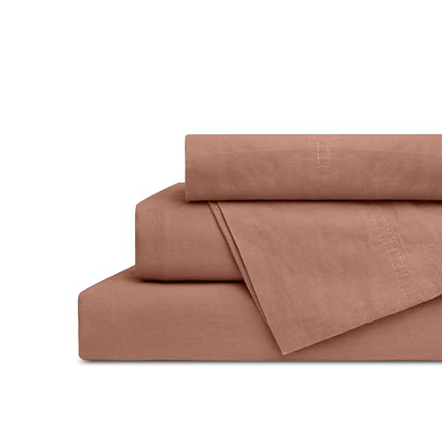 Linen Home Washed Cotton Percale Queen Sheet Set, Tera Clay, Deep Pocket, 4 Pieces Bed Sheets - 1 Flat Sheet, 1 Fitted Sheet & 2 Envelope Closure Pillowcases, Cool and Comfortable Bed Linen