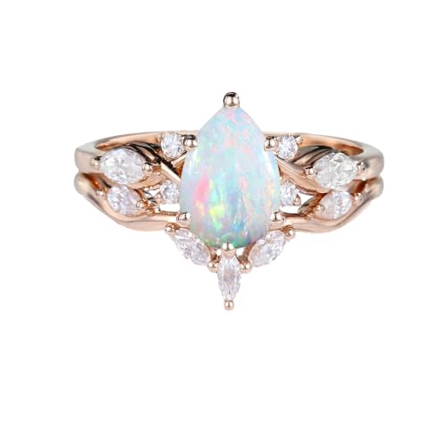 10K 14K 18K Solid Gold Pear Cut Gemstone Wedding Ring Sets with Moissanite 2pcs Gemstone Engagement Ring Set Bridal Ring Sets Promise Ring Sets for Women Free Engraved 5