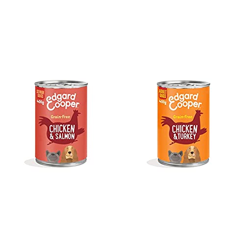 Edgard & Cooper Natural Wet Senior Dog Food - 6 x 400g - Chicken & Salmon & Weight Management & Natural Wet Adult Dog Food Tin - 6 x 400g - Chicken & Turkey - Grain Free & Healthy