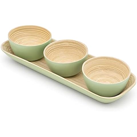 Dehaus® Small Bamboo Dipping Bowls & Tray Set - Sage | Mini Wooden Dip Pinch Bowl Serving Dishes for Party Snack Food, Condiments, Dips, Nibbles, Crisp, Nuts, Tapas, Olive Appetizer, Soy Sauce Cover