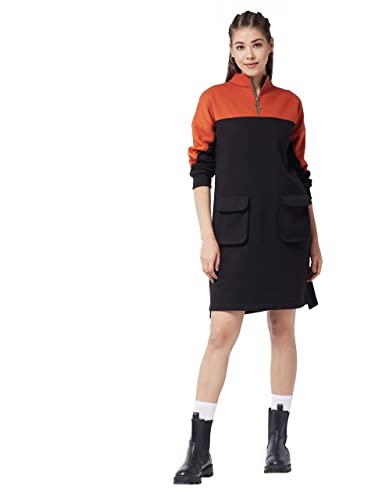 Image of Miss Chase Women's Black & Rust Full Sleeve Solid Color Knee Length Dress