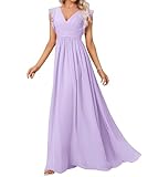 Abendkleid Lang Elegant für Hochzeit V Ausschnitt A Linie Ballkleider Damen Neckholder Brautjungferkleider Chiffon Ballkleid Lila 40 Size