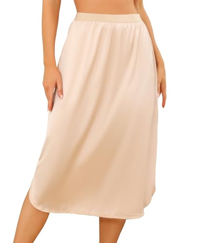 Wikoan Satin Petticoat Damen Lang Rock Unterrock mit Spitze Kleid Elastische Taille Halbe Slips für Unterkleid Nude XL