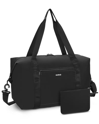 ECOHUB Bagaglio a Mano Ryanair 40x30x20, Borsone da Viaggio Pieghevole Leggera ed Ecologica, Tessuto Antistrappo Resistente all’Acqua, Borsa da Cabina per Aereo, Palestra Ospedale, 24L-Nero