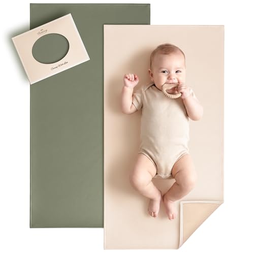 Image of Konssy Faux Leather Waterproof Baby Changing Mat 2 Pack, Regular, 30"x17" | Wipeable & Foldable, Portable Diaper Changing Pad, Fits Diaper Bags for Travel, Home And on-The-Go Use (Fog Green,Beige)