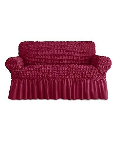 Bluesurge Loveseat Slipcover 1 Piece For 2 Cushion Couch Sofa Cover With Skirt, Durable Washable High Elastic Stretchable, Easy Fit Universal Furniture Protector (2 Seater, Maroon) #TOP9