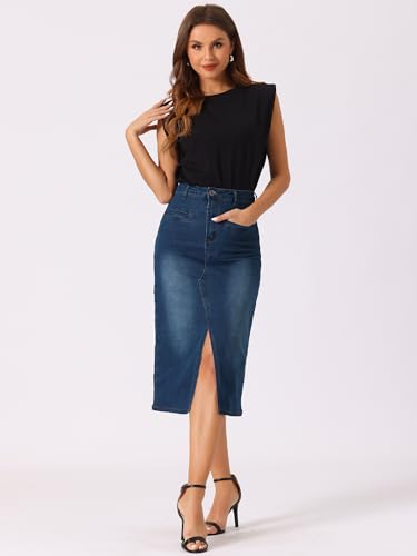 Allegra K Denim Skirt for Women's High Waist Slit Front Washed Jean Midi Skirts with Pockets4