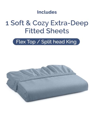 Image of Extra Deep Flex Top Split Head King Fitted Sheet - Hotel Luxury Single Fitted Sheet Only - Easily Fits 18 inch to 24 inch Mattress - Ultra Soft, Wrinkle Free w /Extra Deep Pockets - Heathered Blue