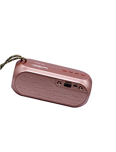 Rear view of UBON SP-6575 speaker, rose gold color, showing USB port, TF card slot, and charging port.