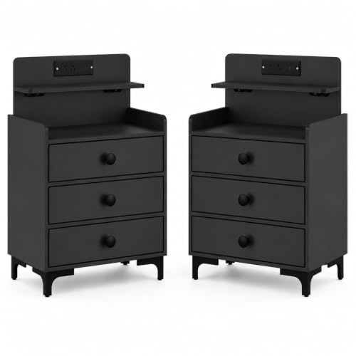 Image of Rreyet 29 inch Nightstand Set of 2, 3 Drawers, Black | Charging Station, Button Handle, Smooth Sliding, Enhanced Storage, For Bedroom, Sofa Side