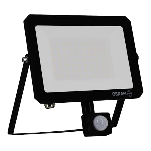 OSRAM Foco LED LUX moderno de 50 W, 4500 lm, 4000 K, para exterior, con sensor, IP65, aluminio negro, cristal esmerilado.